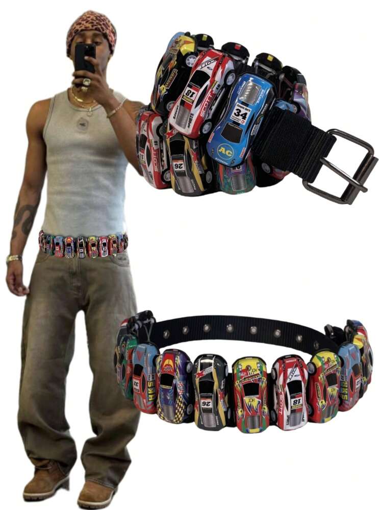 1pc Handmade Color Block Mini Race Car Shaped Belt For Men 