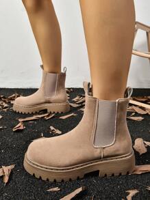 Women's Thick Sole Boots, Fashionable Chelsea Short Boots, Black Combat Boots For Spring, Autumn And Winter. Suitable For Daily, Party, Wedding Attire. Can Be Paired With Jeans, Skirts, Leather Pants, Dresses, Leather Jackets, Sweaters, Down Jackets, Hoodies, And More, Go With Sweater Dress