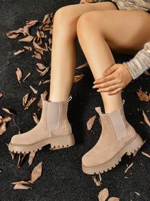 Women's Thick Sole Boots, Fashionable Chelsea Short Boots, Black Combat Boots For Spring, Autumn And Winter. Suitable For Daily, Party, Wedding Attire. Can Be Paired With Jeans, Skirts, Leather Pants, Dresses, Leather Jackets, Sweaters, Down Jackets, Hoodies, And More, Go With Sweater Dress