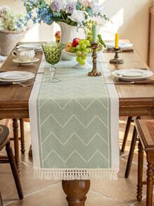 1pc Table Runner, Green Wavy Pattern, Waterproof Fabric, Tassel Decor, Suitable For Home, Party, Hotel, Restaurant Dining Table Decoration - Green - View 5