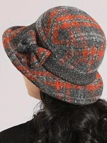 Elegante sombrero tipo balde con decoración de lazo y bloques de color, sombrero tipo balde casual para exteriores, deportes, cálido y cortavientos con ala ancha, sombrero mini para fiesta en invierno y otoño - Multicolor - Ver 12