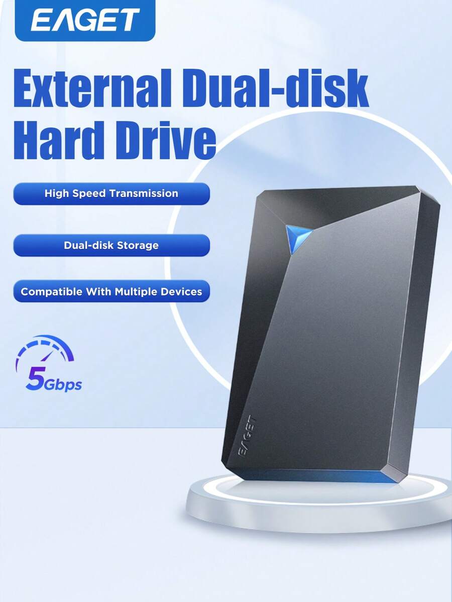 EAGET 1TB 便携式外置硬盘超薄 2.5 英寸 USB 3.0 HDD 兼容 PC、PS4、台式机、书籍、笔记本电脑存储扩展备份快速传输（双盘位，单盘 500G）