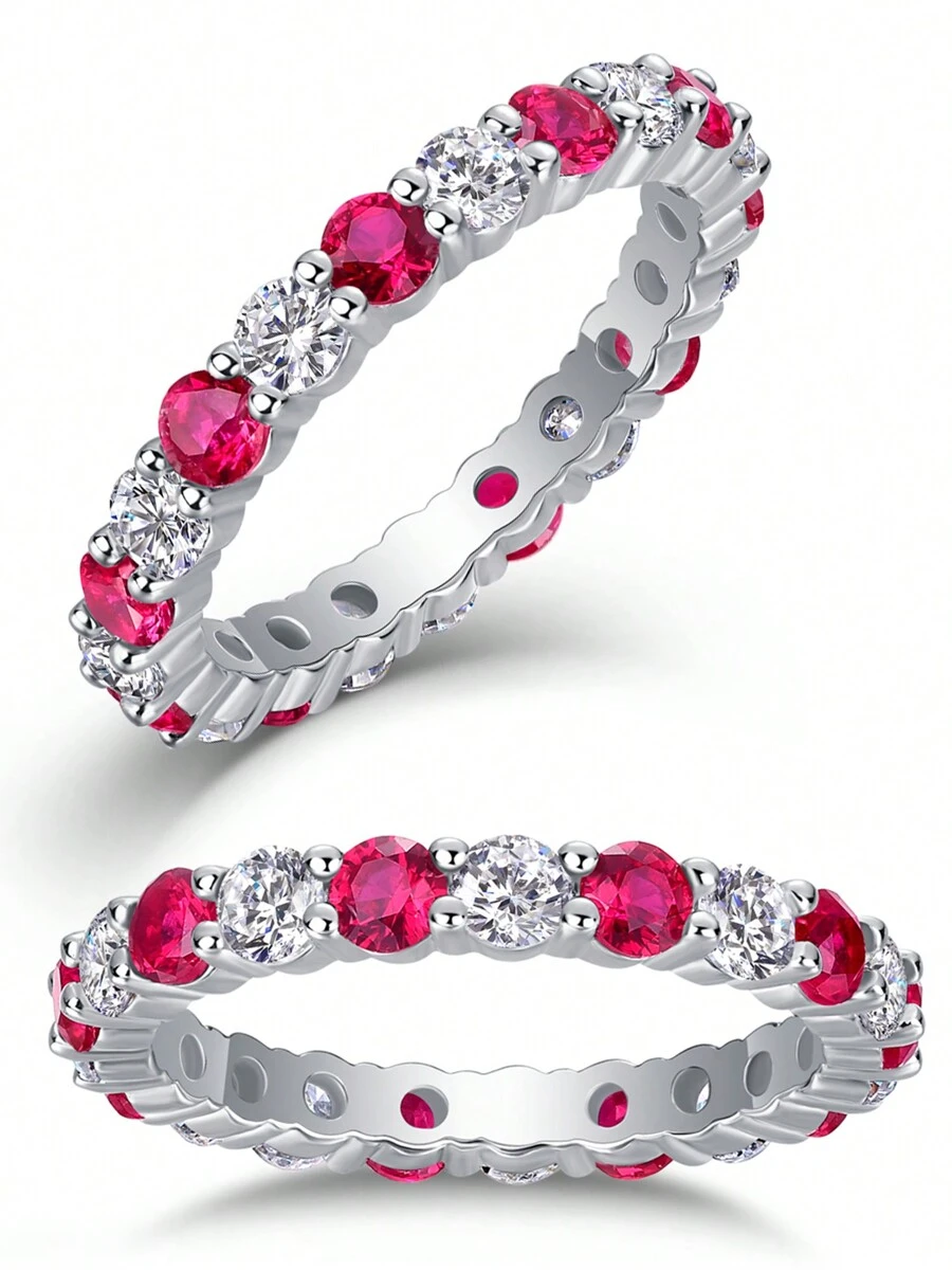 JIUZUAN Stunning Birthstone Rings Eternity Band 925 Sterling Silver18K White Gold Plated Red Gemstone Stackable Wedding Band Rings For Women Size 5 To 9