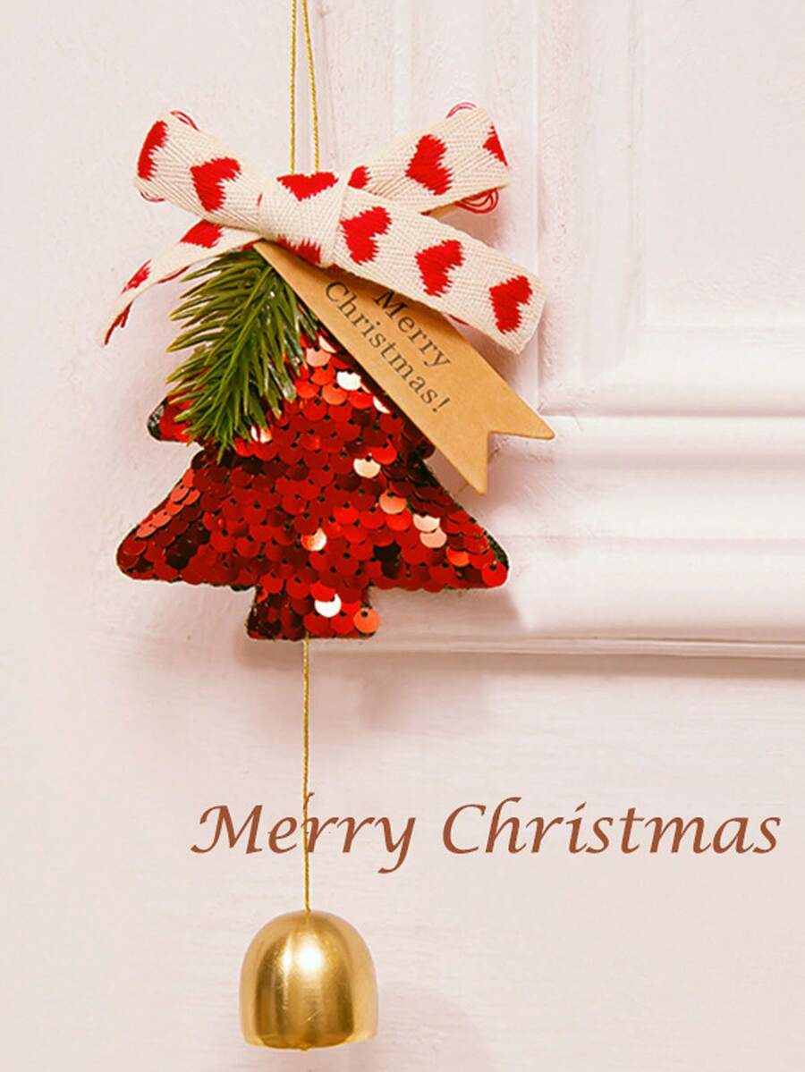 带悬挂丝带的圣诞树铃铛装饰、节日门铃装饰、带松树装饰的季节性风铃 - 完美的节日装饰和礼物 - 彩色 - 查看 1