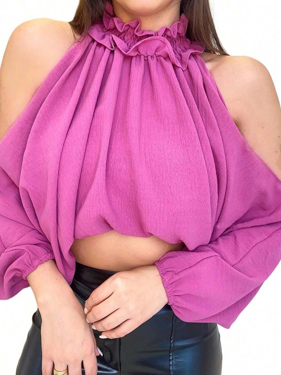 Women's Long Sleeve High Neck Blouse Puffed Cropped Social Shirt - Hồng - Xem 1
