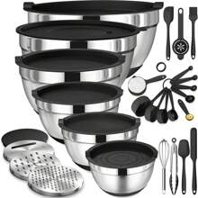 TAIMASI Mixing Bowls With Airtight Lids Set, 26PCS Stainless Steel Khaki Bowls With Grater Attachments, Non-Slip Bottoms & Kitchen Gadgets Set, Size 7, 4, 2.5, 2.0,1.5, 1QT, Great For Mixing & Serving - Perfect For Thanksgiving, Christmas, New Year's, And Mother's Day Cooking And Gifting