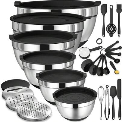 TAIMASI Mixing Bowls With Airtight Lids Set, 26PCS Stainless Steel Khaki Bowls With Grater Attachments, Non-Slip Bottoms & Kitchen Gadgets Set, Size 7, 4, 2.5, 2.0,1.5, 1QT, Great For Mixing & Serving - Perfect For Thanksgiving, Christmas, New Year's, And Mother's Day Cooking And Gifting