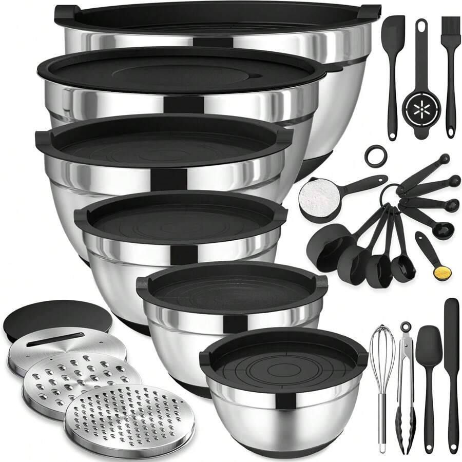 TAIMASI Mixing Bowls With Airtight Lids Set, 26PCS Stainless Steel Khaki Bowls With Grater Attachments, Non-Slip Bottoms & Kitchen Gadgets Set, Size 7, 4, 2.5, 2.0,1.5, 1QT, Great For Mixing & Serving - Perfect For Thanksgiving, Christmas, New Year's, And Mother's Day Cooking And Gifting