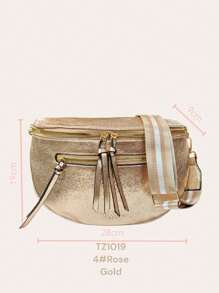 Fashionable Casual PU Leather Crossbody Bag With Zipper & Wide Webbing Strap - Rose Gold - View 4