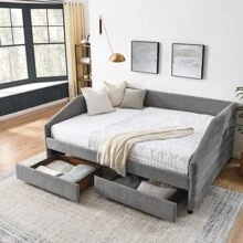 MISSUNNY Queen Size Daybed With Dual Drawer Trundle & Upholstered Tufted Sofa Bed Conversion - Crafted With Linen-Blend Fabric In Sophisticated Grey - Spacious And Versatile For Your Living Room Or Guest Space - 灰色 - 查看 3
