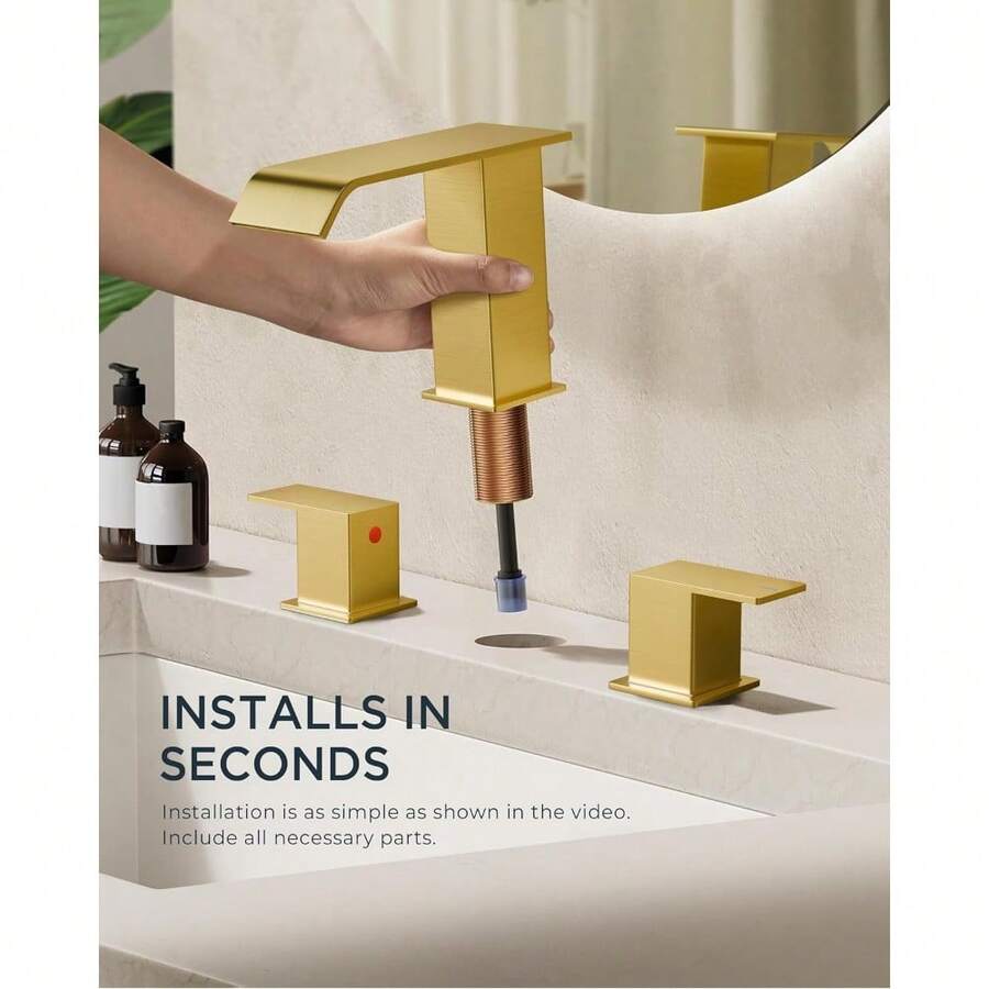 Bathroom Faucets, Brushed Gold Bathroom Faucet 3 Hole, Waterfall Gold