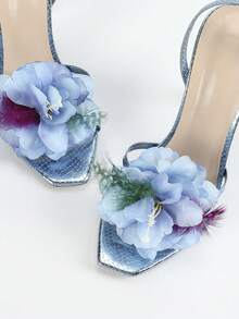 女士时尚高端优雅高跟方头凉鞋，夏季款式搭配 3D 水钻蝴蝶花卉纹理舒适露趾性感绑带适合户外聚会、派对、T 台，简约而迷人 - 淺藍色 - 查看 6