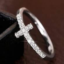 FRIFUL 1 chiếc nhẫn đính hôn thanh lịch, thiết kế thánh giá thời trang màu bạc/vàng khảm đá Cubic Zirconia lấp lánh, nhẫn đính hôn/đám cưới, trang sức cô dâu sáng bóng sang trọng - Vàng - Xem 3