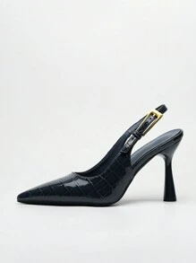 Giày cao gót mũi nhọn thời trang nữ thu/đông 2025 khóa cài trang trí bằng da bóng, giày cao gót hở mũi, thanh lịch, thanh lịch - Màu xanh hải quân - Xem 3