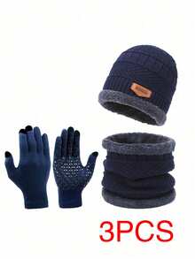 Men Knit Hat Scarf And Gloves 3-Piece Set, Warm Thermal Lined Outdoor Winter Beanie - Black - View 24