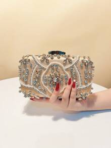 亮片女士手拿包晚宴包金属链钱包金色闪亮翻盖手拿包水钻女式装饰钱包 - 金色 - 查看 1