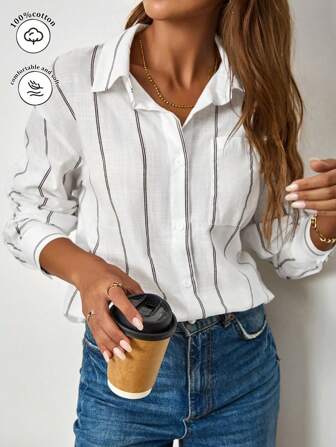 QIANZHIDU 女士宽松竖条纹长袖休闲/办公衬衫，优雅成熟，适合秋季穿着