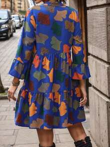 Đầm dài tay in họa tiết cổ chữ V viền bèo nhún thời trang dành cho nữ - Màu xanh lam - Xem 2