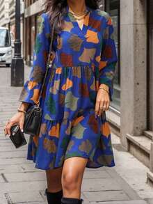 Đầm dài tay in họa tiết cổ chữ V viền bèo nhún thời trang dành cho nữ - Màu xanh lam - Xem 3