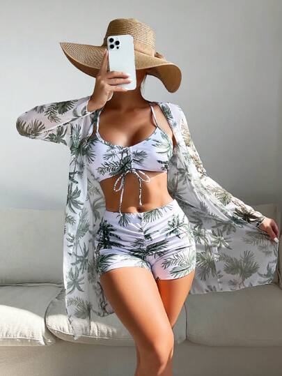 Conjunto de bikini con estampado tropical de tres piezas sujetador de empuje y bottom de bikini tipo hipster y kimono para mujer estilo vacaciones de verano en la playa