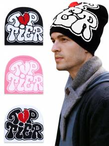 1Pc Unisex Fashion Letter Jacquard Y2K Beanie Knitted Hat Skull Cap Suitable For Street Hip-Hop Outdoor Activities To Keep Warm, Dome & Rimless,One Size Fits All - Black and White - View 1