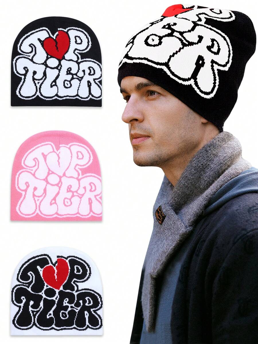 1Pc Unisex Fashion Letter Jacquard Y2K Beanie Knitted Hat Skull Cap Suitable For Street Hip-Hop Outdoor Activities To Keep Warm, Dome & Rimless,One Size Fits All - Black and White - View 1