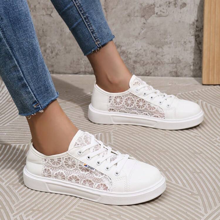 Fall/Winter Women's Casual Sneakers, Fashion Hollow-Out Lace Slip-On Casual Shoes, Classic Minimalist Lace-Up Leisure Shoes, MD Soft Sole Lightweight Comfortable Running Shoes - White - View 1
