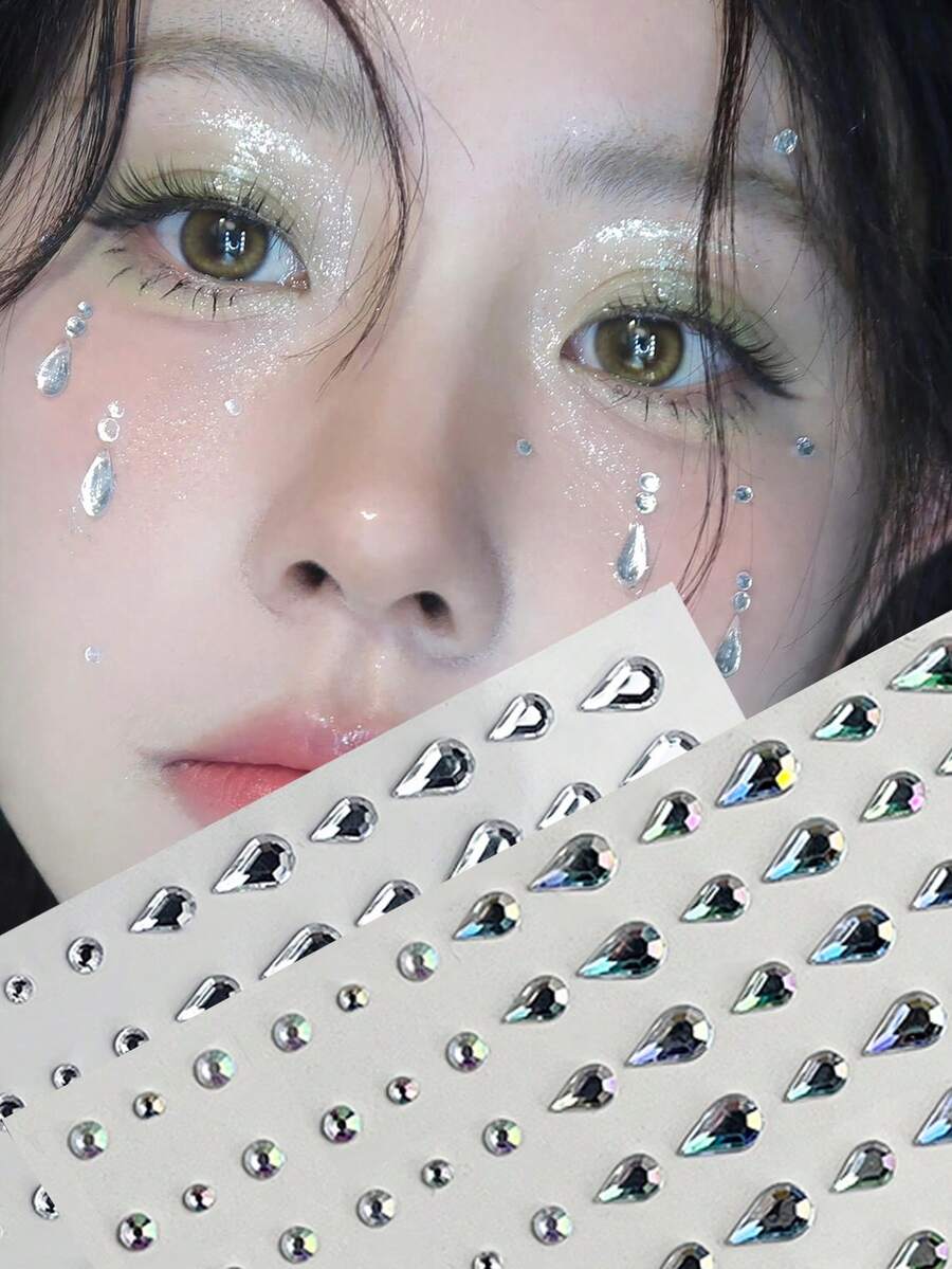 2 件泪珠水钻贴纸、脸部宝石贴纸、闪亮钻石化妆贴纸，适合舞台、节日、圣诞节、婚礼、生日、情人节，是送给女朋友的理想礼物 - 彩色 - 查看 1