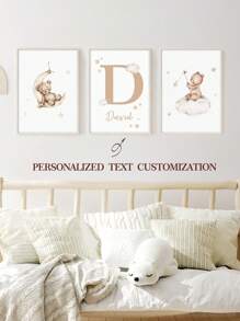 3 Stück Rahmenlose / Holzrahmen personalisierte Namenskunst Cartoon Bär Leinwandposter Mond Sterne Hintergrund Hängende Bilder Boho Wandkunst Mädchen Schlafzimmer Kinderzimmer Babyzimmer Wanddekoration Geschenk, Valentinstag, Valentinstag Dekoration, schimmelbeständig, stilvoll, niedlich, farbenfrohe Personalisierung, einzigartig, ideale Geschenke für sie, Freunde, Sohn, Tochter, Schüler, Mitarbeiter, Kinder Schule, Zuhause, Büro Abschluss, gemütlicher Sommer