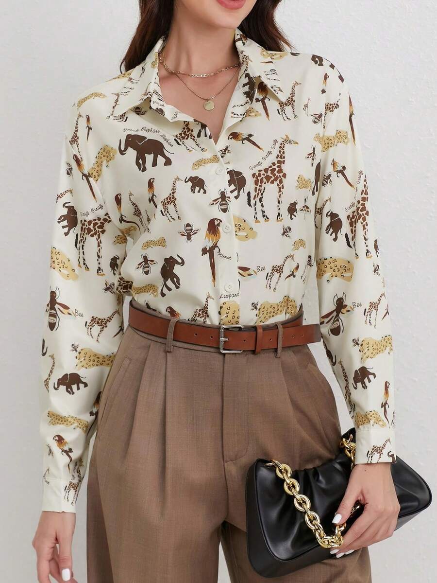 Camisa casual de manga larga con botones y estampado animal para mujeres