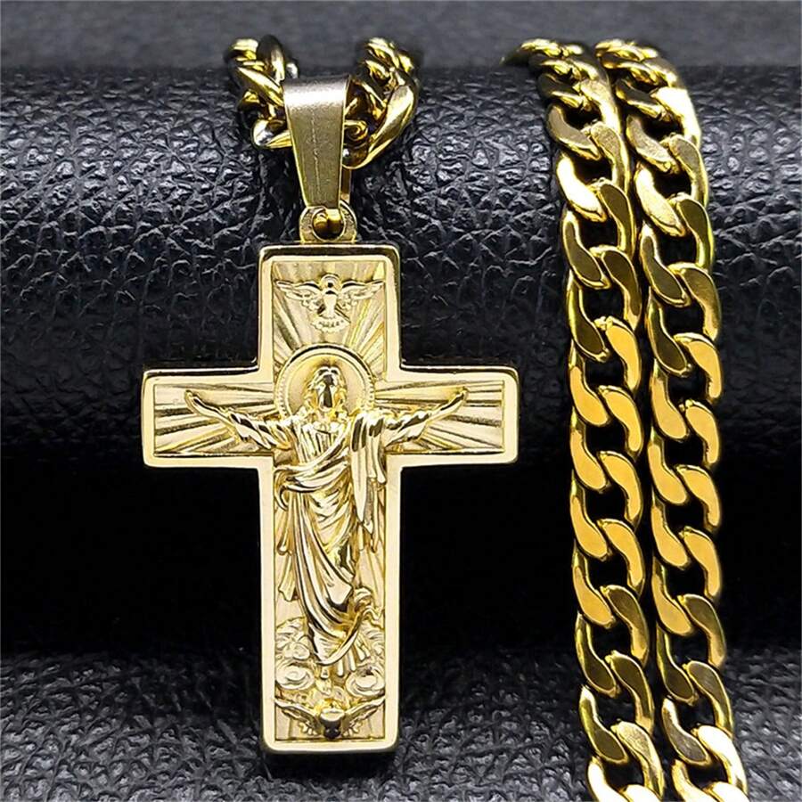 Stainless Steel Cross Jesus Pendant Necklace For Men Gold Hip Hop Chain Cross Necklace Jewelry Accessory Gift