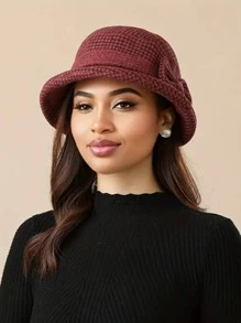 Elegante sombrero tipo balde con decoración de lazo y bloques de color, sombrero tipo balde casual para exteriores, deportes, cálido y cortavientos con ala ancha, sombrero mini para fiesta en invierno y otoño - Multicolor - Ver 7