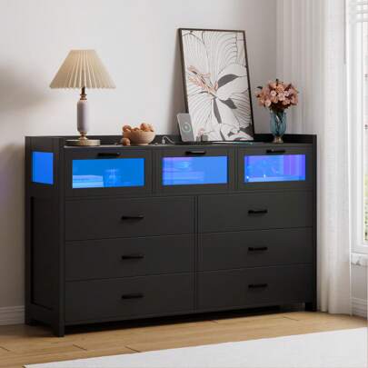 Black/White Drawer Dresser With Charging Station And LED Lights, Dresser For Bedroom, Large Storage Cabinet, Wide Nightstand