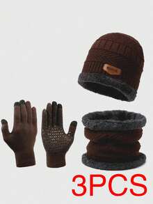 Men Knit Hat Scarf And Gloves 3-Piece Set, Warm Thermal Lined Outdoor Winter Beanie - Black - View 11