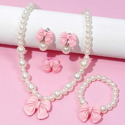 1set/5pcs Children's Pink Necklace Set With Cute Bowknot, Beaded Necklace, Ring, Earrings Decoration
