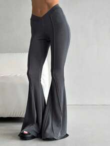 High Waist V-Neck Fitted Casual Stretch Flared Pants - Grey - View 1