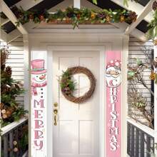 1件装，圣诞装饰横幅，户外装饰横幅，带有圣诞老人和雪人图案，装饰对联，适合节日和派对，最佳礼物，家居装饰，圣诞装饰，房间装饰，冬季装饰 - 粉紅色-雪人與聖誕老人 - 查看 1