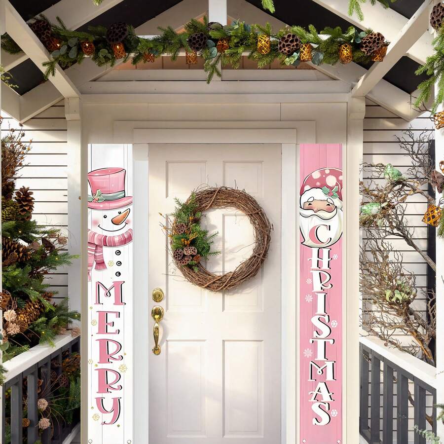 1件装，圣诞装饰横幅，户外装饰横幅，带有圣诞老人和雪人图案，装饰对联，适合节日和派对，最佳礼物，家居装饰，圣诞装饰，房间装饰，冬季装饰 - 粉紅色-雪人與聖誕老人 - 查看 1