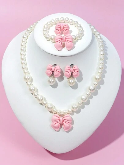 1set/5pcs Children's Pink Necklace Set With Cute Bowknot, Beaded Necklace, Ring, Earrings Decoration