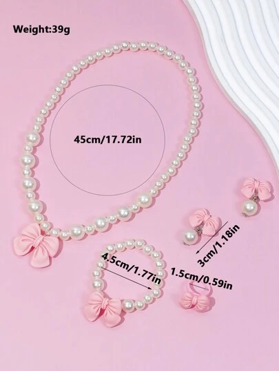 1set/5pcs Children's Pink Necklace Set With Cute Bowknot, Beaded Necklace, Ring, Earrings Decoration