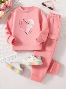 Young Girl Heart Print Crew Neck Sweatshirt And Sweatpants Set