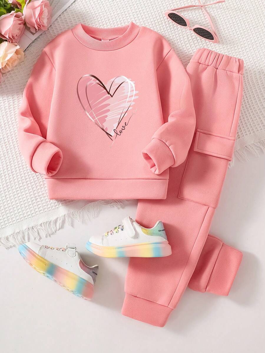 Young Girl Heart Print Crew Neck Sweatshirt And Sweatpants Set
