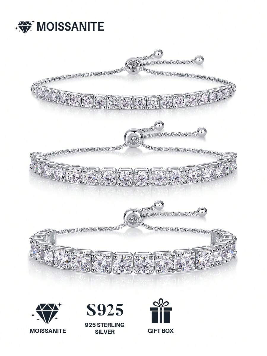 1件莫桑石925纯银女士手链，奢华时尚礼物，适合母亲节、情人节、婚礼、周年纪念日、生日等场合。