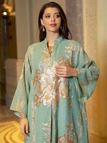 1 件金色亮片刺绣连衣裙，优雅晚礼服，朴素长袖连衣裙