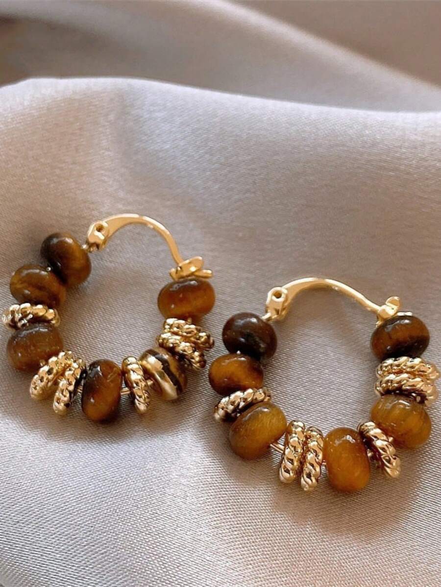 Square Round Bead Maillard Earrings For Women's Versatile Ear Buckle - Cat's Eye Stone Beaded Earrings - View 1