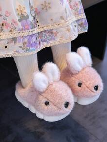 Nuevas y lindas pantuflas de conejo de dibujos animados para niños en otoño e invierno, adecuadas para el ocio interior y exterior, cómodas, antideslizantes, con base suave, base gruesa, pantuflas de casa cálidas - Rosa - Ver 2