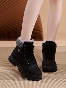 冬季女士纯色厚底保暖毛绒衬里休闲雪地靴 - 黑色 - 查看 8