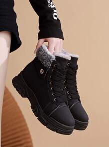 冬季女士纯色厚底保暖毛绒衬里休闲雪地靴 - 黑色 - 查看 3