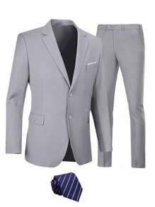 Furuyal 3pcs Men's Suit Set: Jacket, Pants, Tie - Light Grey - View 4