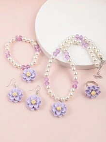 Set de 5 piezas con collar, pulsera, aretes y anillo de flor con doble capa de cuentas 3D, decoración elegante para niña, adecuado para fiestas - Flores - Ver 4